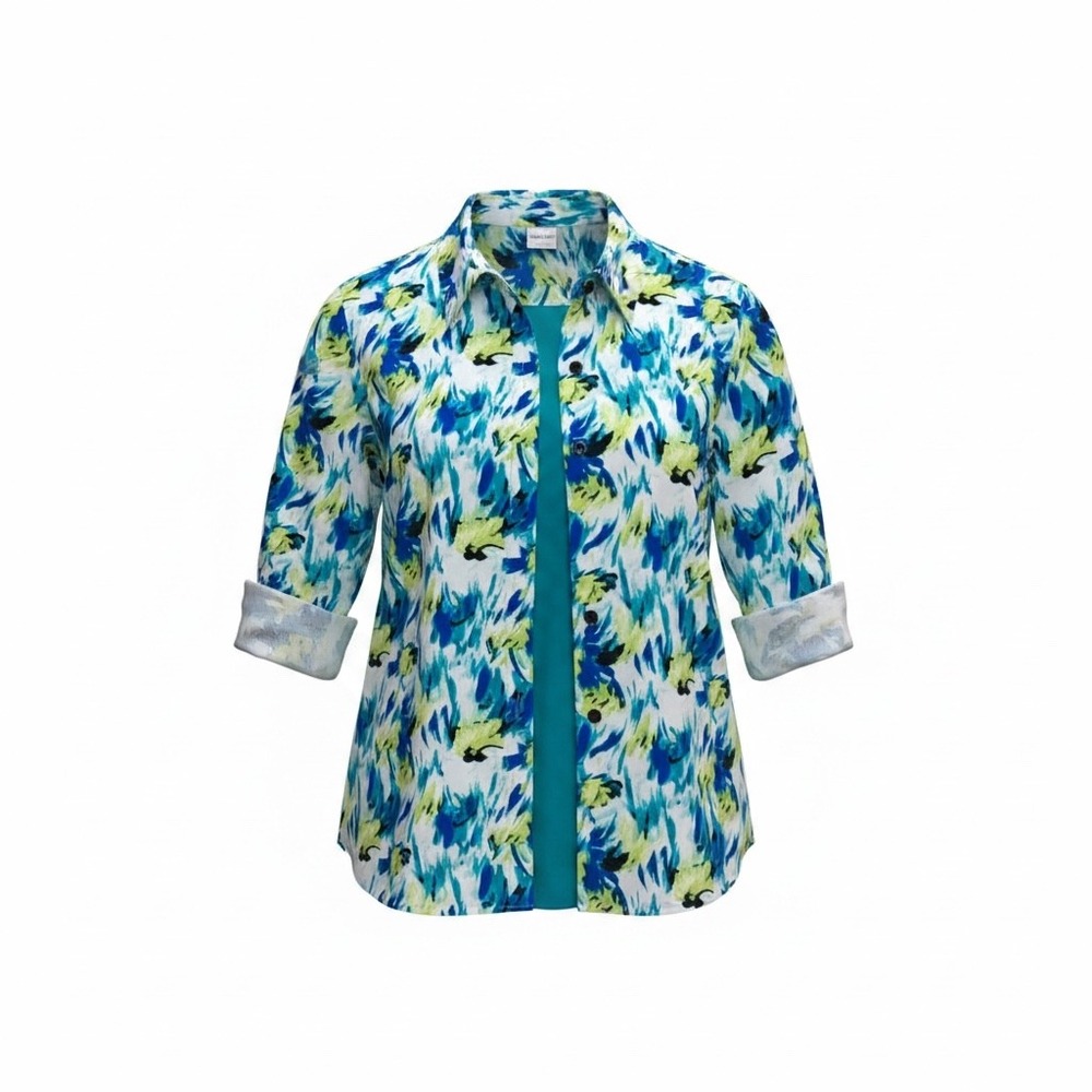 Just My Size Women 3X 22W-24W Blue Blaze Abstract Floral 2-in-1 Blouse